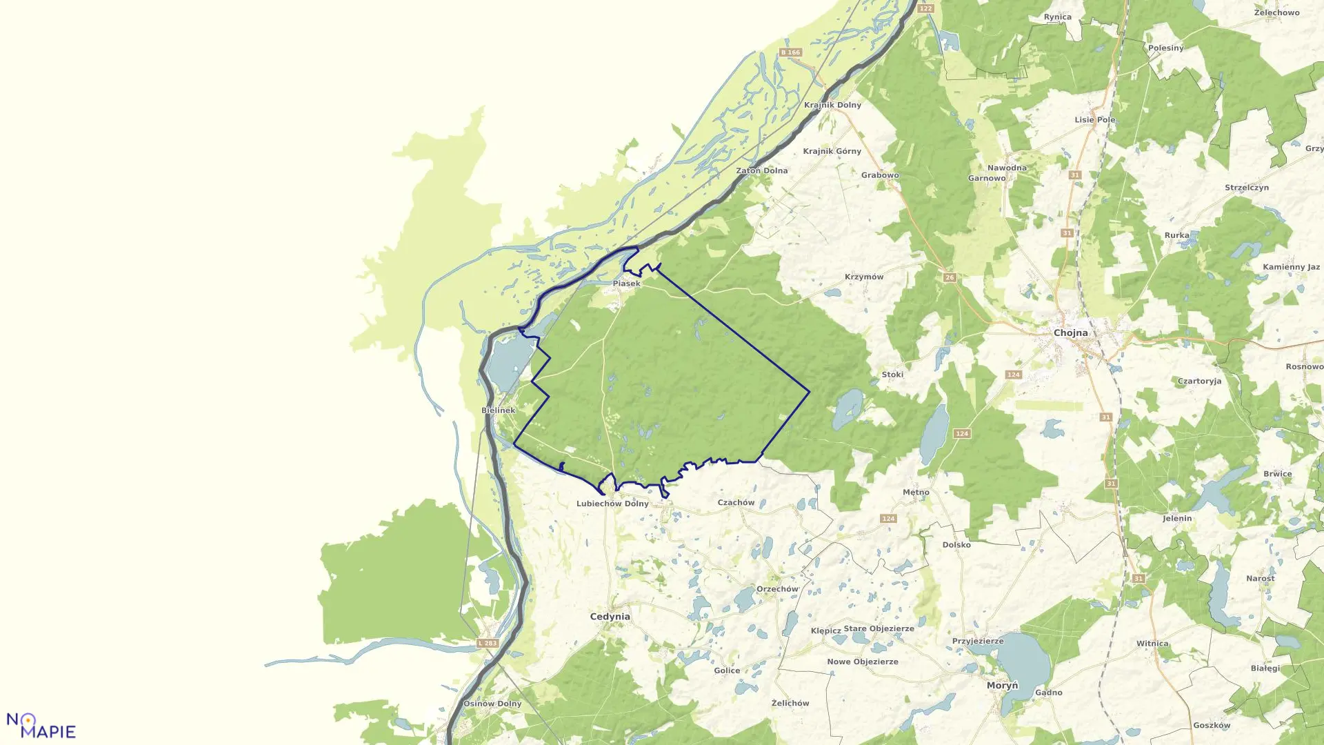 Mapa obrębu Piasek w gminie Cedynia